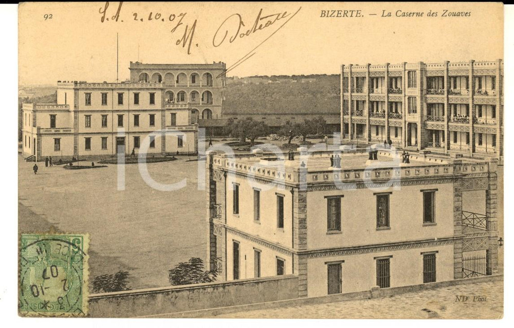 Cartolina originale da collezione 1907 BIZERTE TUNISIA La caserne des ZOUAVES Carte postale VINTAGE 1