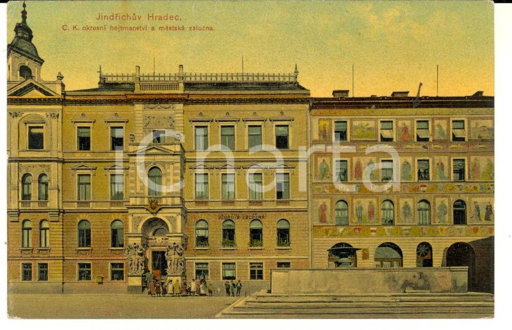 Cartolina originale da collezione 1909 JINDRICHUV HRADEC CZ Una piazza Cartolina postale ANIMATA con bambini 1