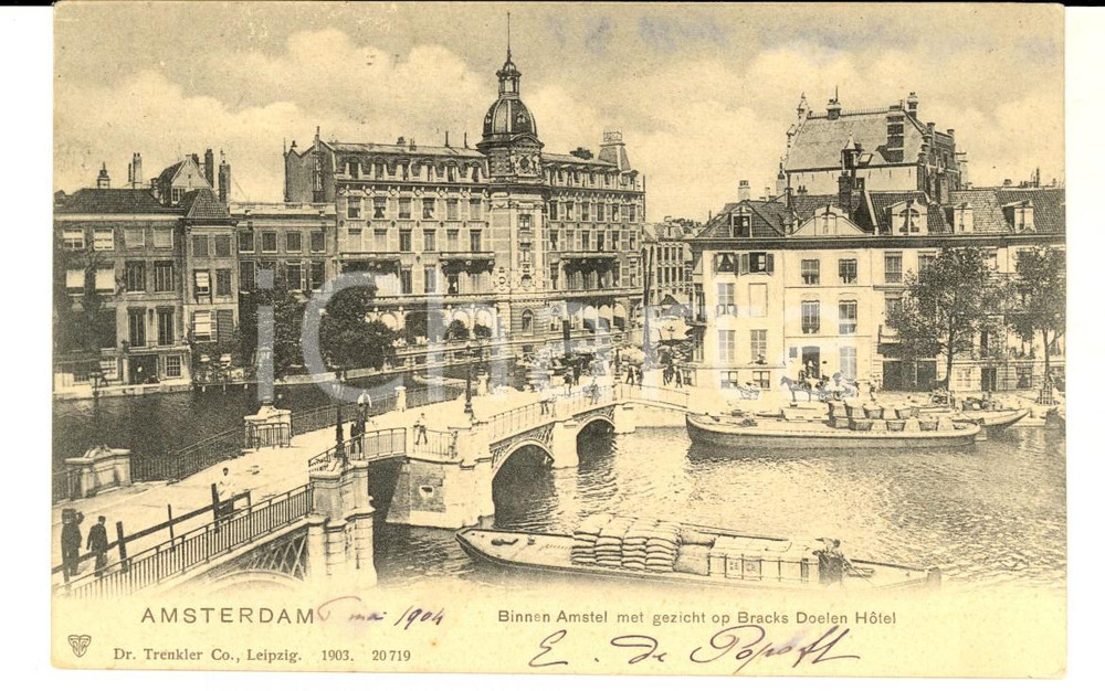 Cartolina originale da collezione 1904 AMSTERDAM Binnen Amstel met gezicht op Bracks Doelen Hotel Postcard 1