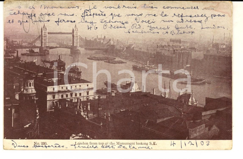 Cartolina originale da collezione 1903 LONDON Veduta panoramica dall alto Cartolina ANIMATA con navi a vapore 1
