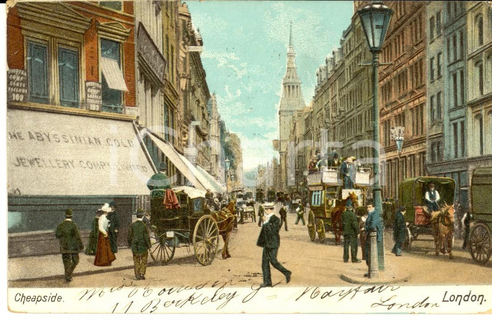 Cartolina originale da collezione 1905 LONDON Cheapside Cartolina ANIMATA con carrozze FP VG 1