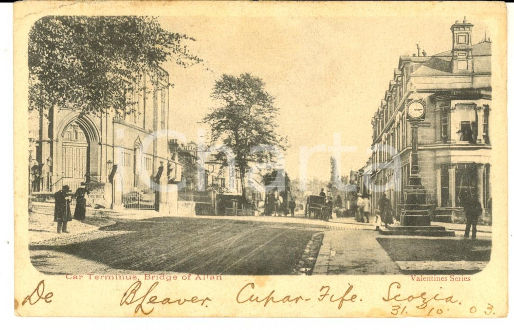 Cartolina originale da collezione 1903 BRIDGE OF ALLAN UK Car Terminus VINTAGE postcard ANIMATED 1