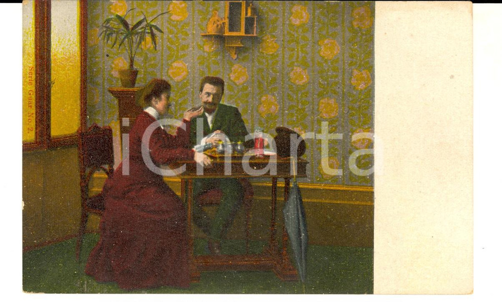 Cartolina originale da collezione 1900 ca COSTUMI The di una coppia borghese Cartolina ILLUSTRATA VINTAGE 1