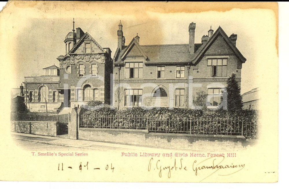 Cartolina originale da collezione 1904 FOREST HILL UK Public LIbrary Cartolina GUYOT DE GRANDMAISON FP VG 1