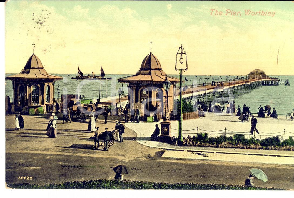 Cartolina originale da collezione 1908 WORTHING UK The Pier Cartolina animata VINTAGE FP VG 1