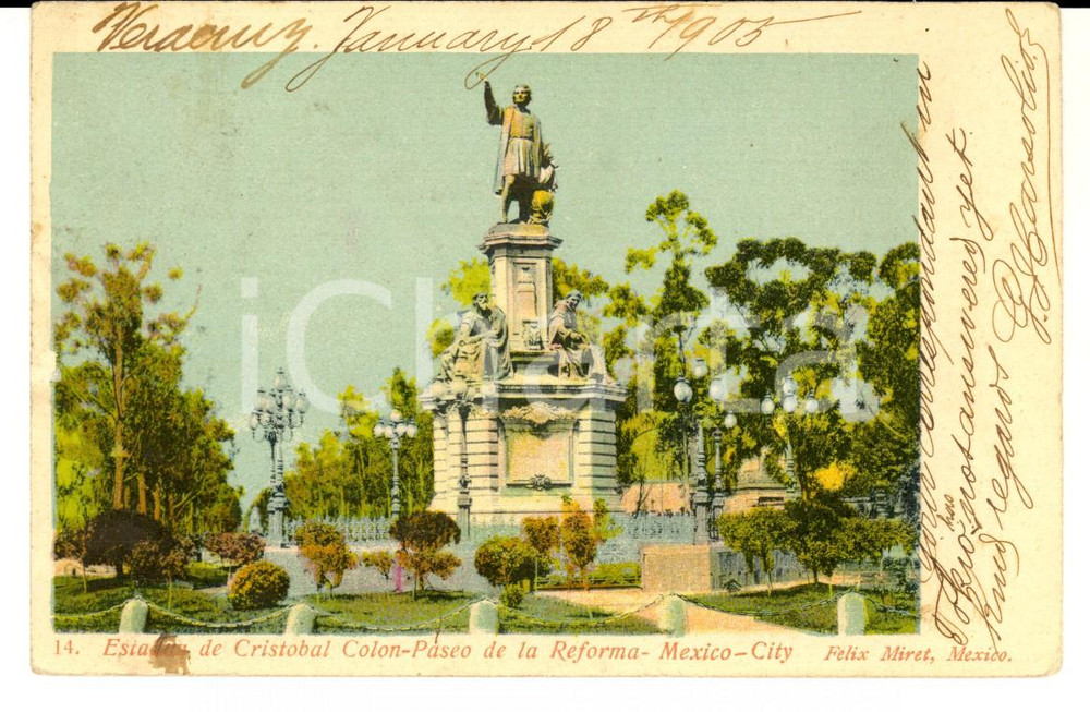 Cartolina originale da collezione 1905 MEXICO CITY Estatua de Cristobal Colon Cartolina postale FP VG 1