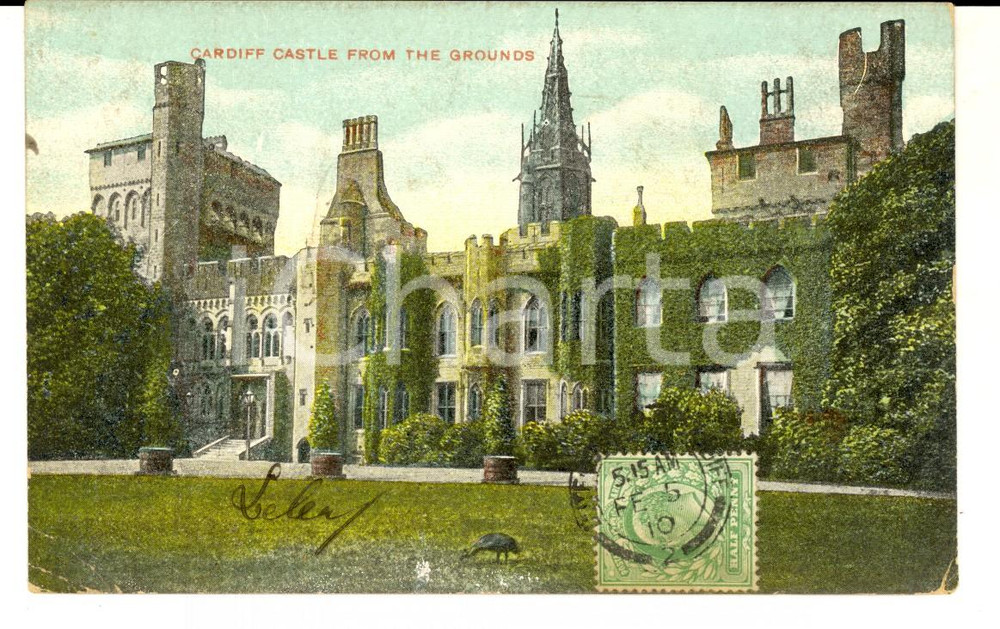 Cartolina originale da collezione 1910 CARDIFF UK The castle from the grounds VINTAGE postcard FP VG 1