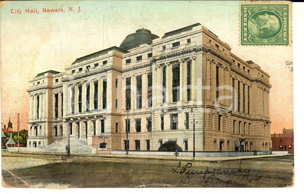 Cartolina originale da collezione 1909 NEWARK USA City Hall Cartolina postale FP VG Leo PUMPYANSKY 1