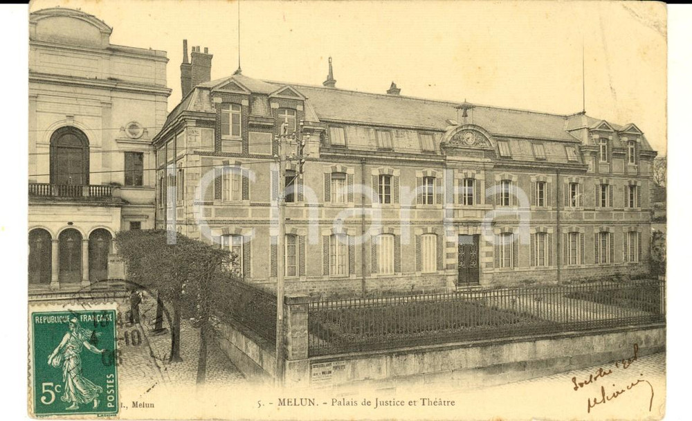 Cartolina originale da collezione 1908 MELUN FRANCE Palais de Justice et ThÃ©atre Carte postale VINTAGE 1