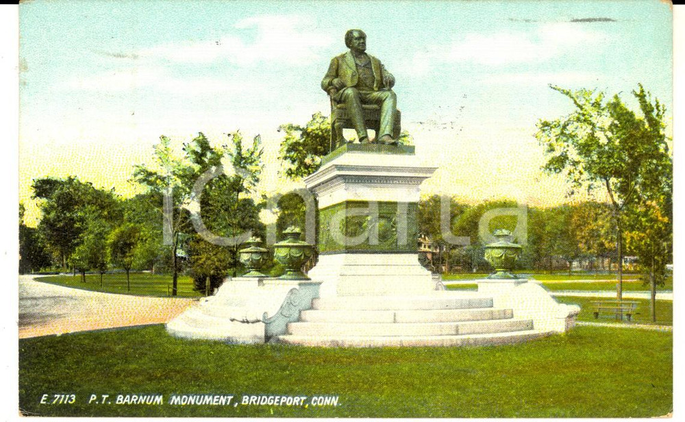 Cartolina originale da collezione 1911 BRIDGEPORT Connecticut, USA Barnum Monument Cartolina ILLUSTRATA 1