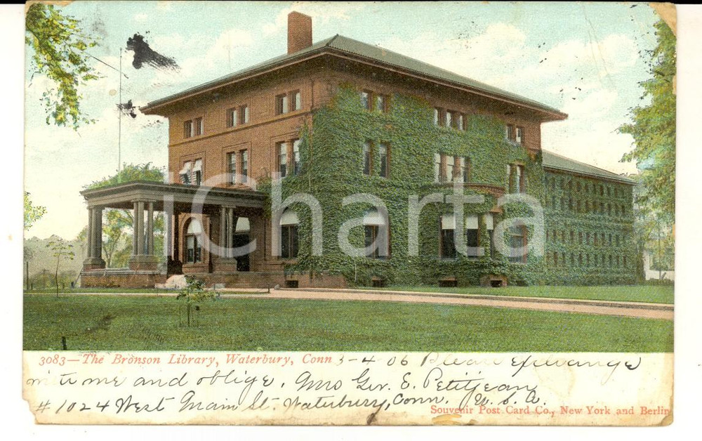 Cartolina originale da collezione 1906 WATERBURY Connecticut, USA The Bronson Library Cartolina ILLUSTRATA 1