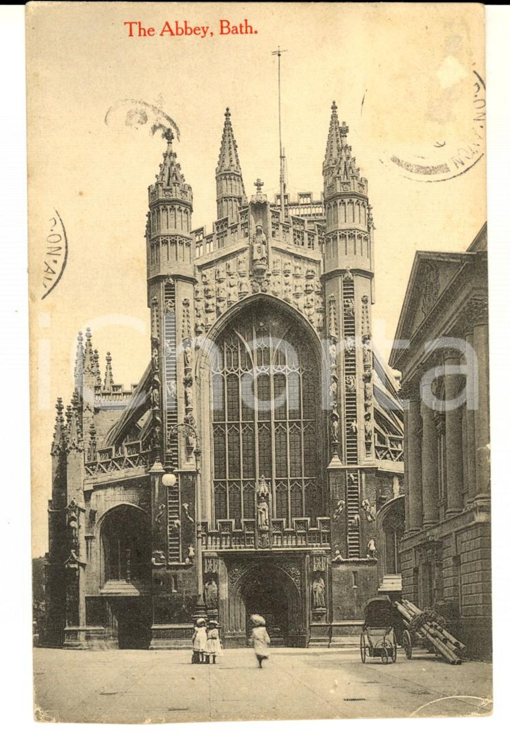 Cartolina originale da collezione 1911 BATH UK Facciata dell abbazia Cartolina VINTAGE animata con bambine 1