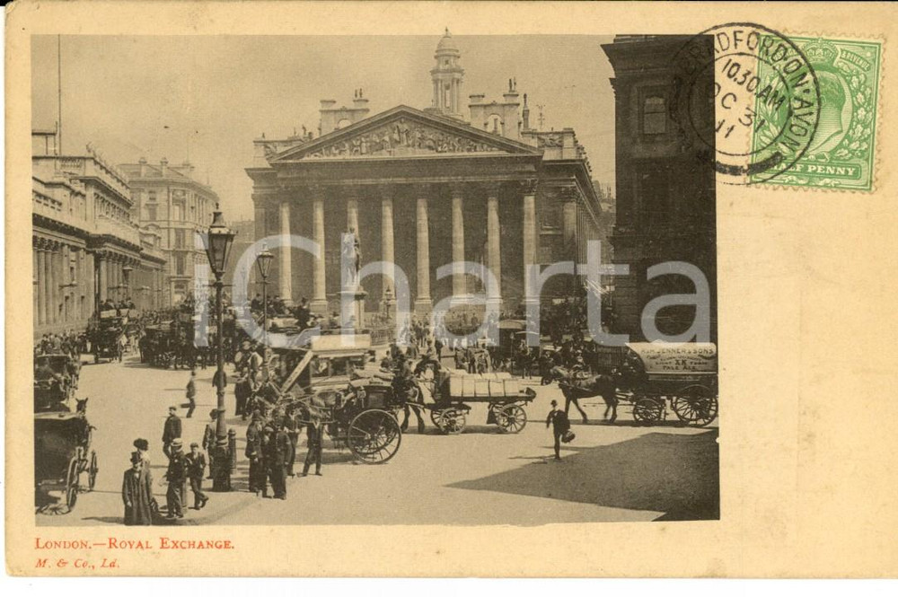 Cartolina originale da collezione 1911 LONDON Royal Exchange Cartolina postale ILLUSTRATA ANIMATA FP VG 1