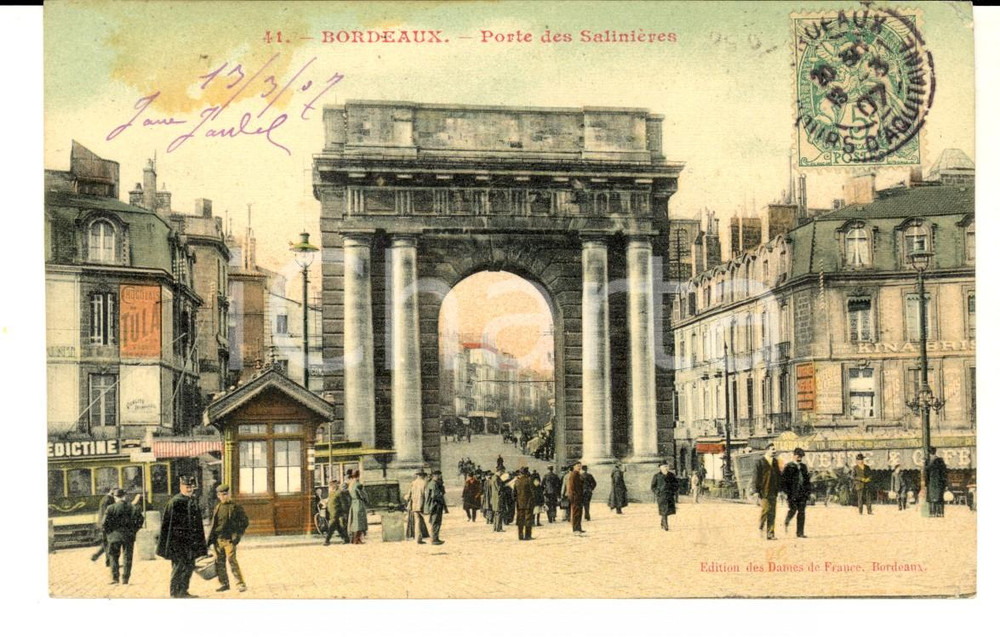 Cartolina originale da collezione 1907 BORDEAUX FR Porte des SALINIERES Cartolina ANIMATA VINTAGE 1