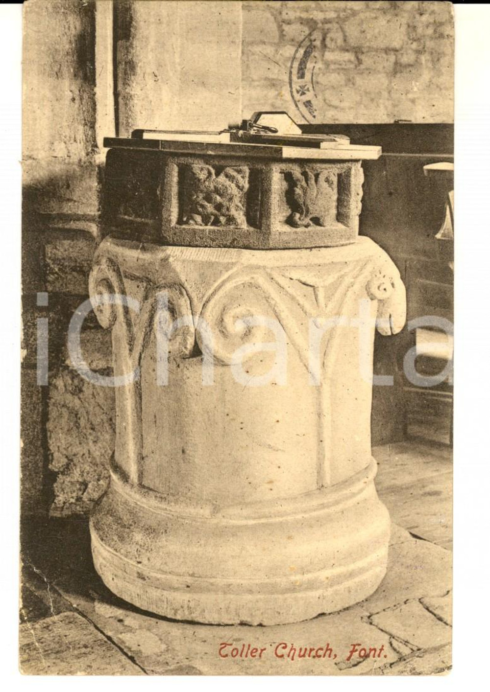Cartolina originale da collezione 1911 TOLLER PORCORUM UK Church of St. Andrew and St. Peter  Font Postcard 1