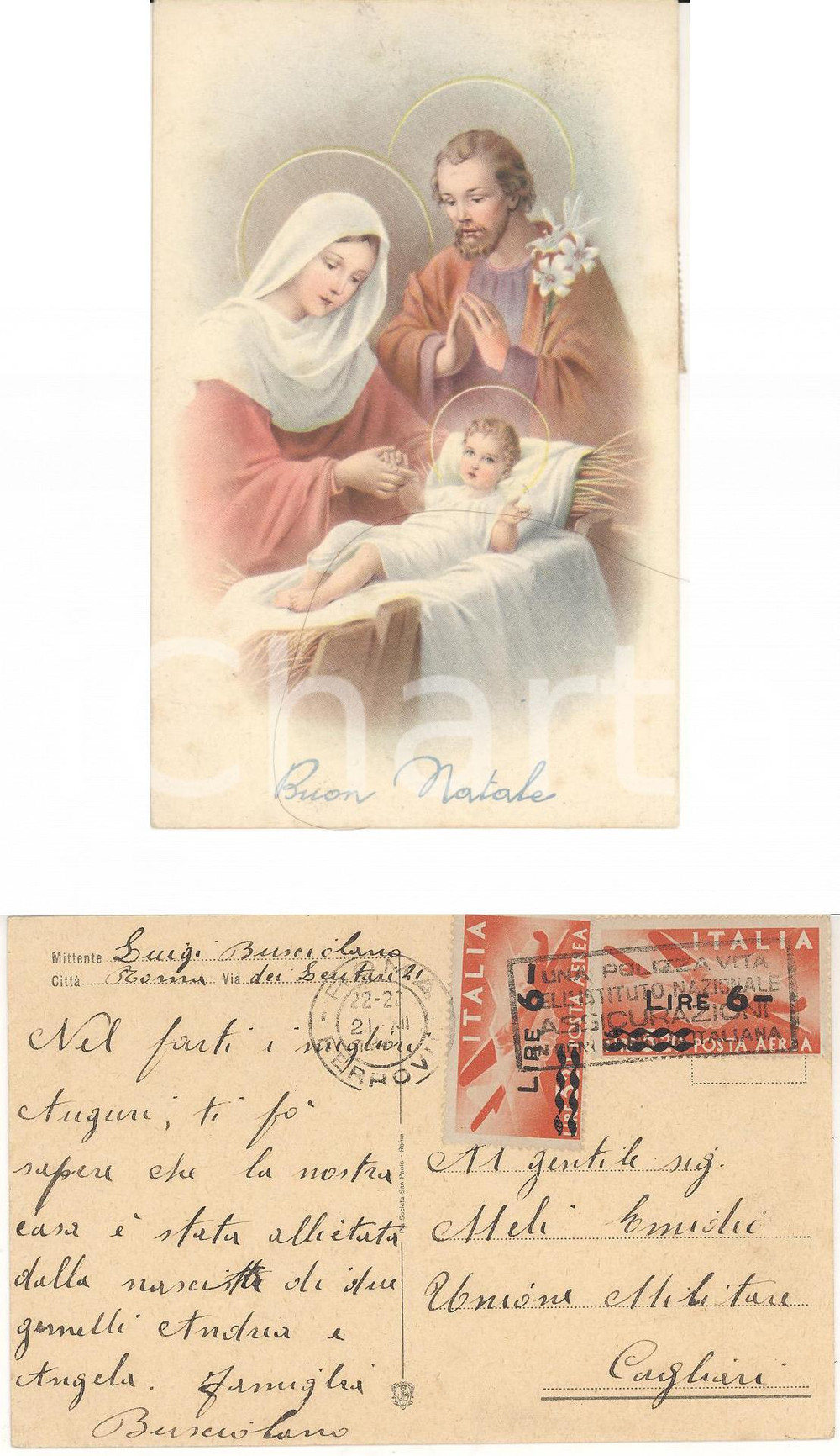 Cartolina originale da collezione 1921 BUON NATALE Cartolina affrancata Lire 3,20 POSTA AEREA Sovrastampa Lire 6 1