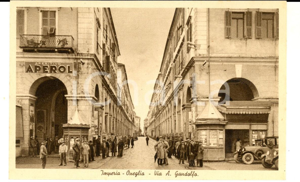 Cartolina originale da collezione 1930 ca IMPERIA ONEGLIA Via Gandolfo Cartolina ANIMATA pubblicitÃ  APEROL 1