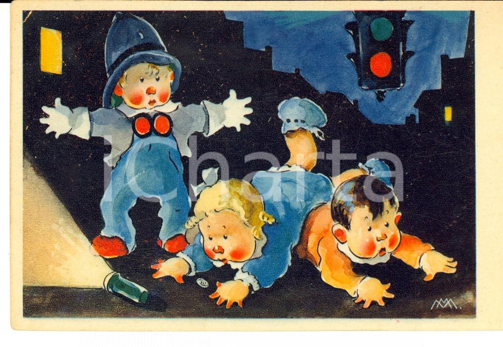 Cartolina originale da collezione 1920 ca Un piccolo vigile e due incauti pedoni Cartolina postale ILLUSTRATA FP 1