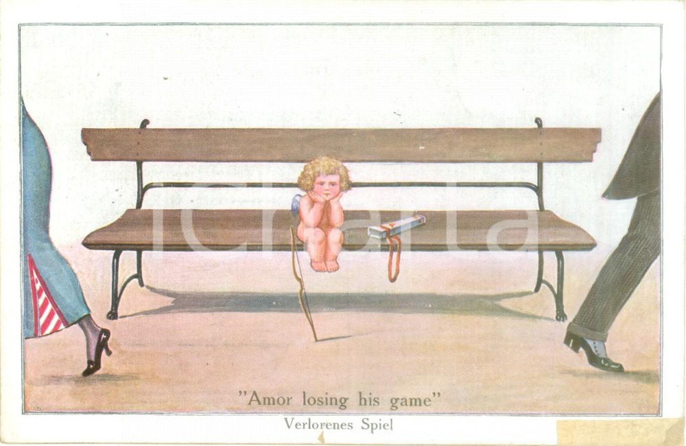 Cartolina originale da collezione 1940 ca CUPIDO perde la partita Amor losing his game Cartolina ILLUSTRATA FP NV 1