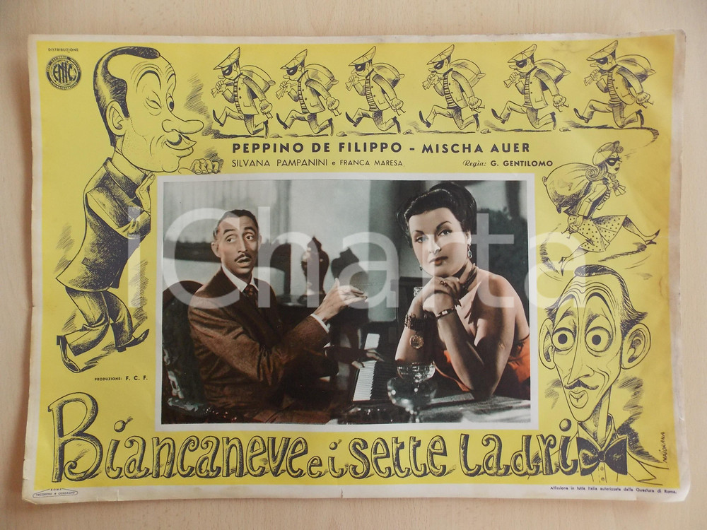Materiale pubblicitario d’epoca 1949 BIANCANEVE E I SETTE LADRI Silvana PAMPANINI Mischa AUER Locandina 46 x 34 1