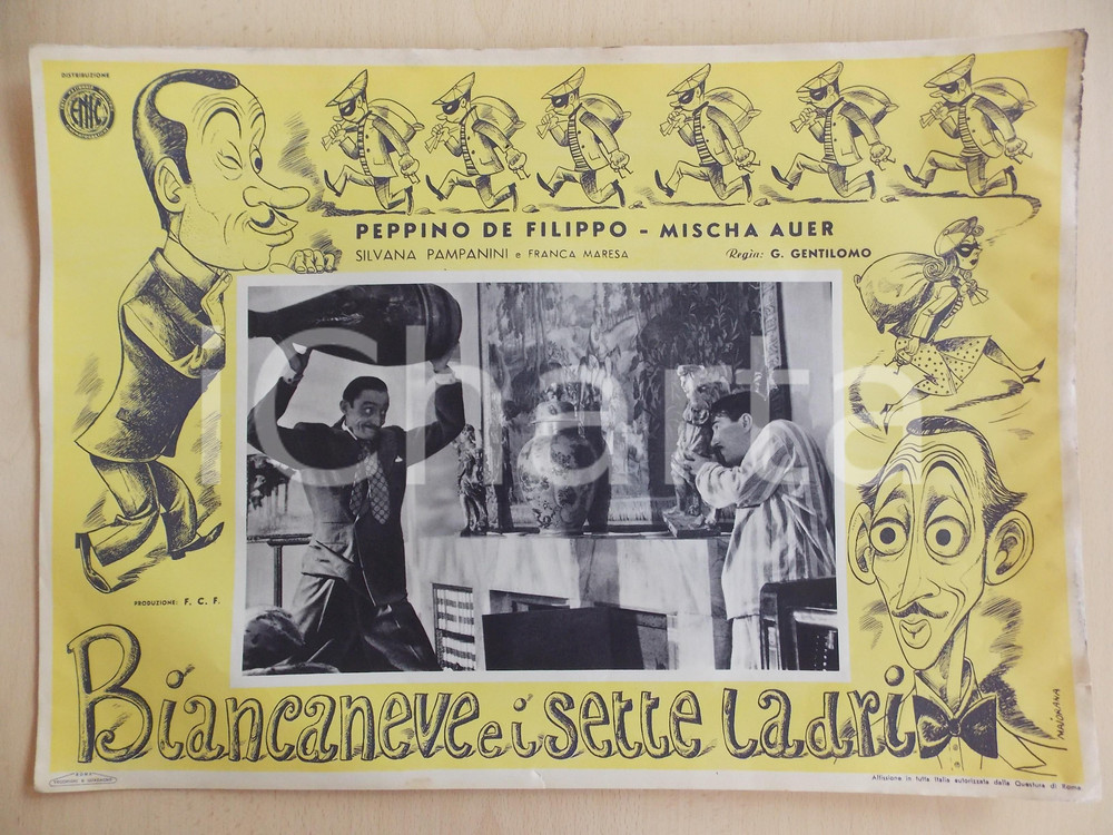 Materiale pubblicitario d’epoca 1949 BIANCANEVE E I SETTE LADRI Mischa AUER minaccia Peppino DE FILIPPO con vaso 1