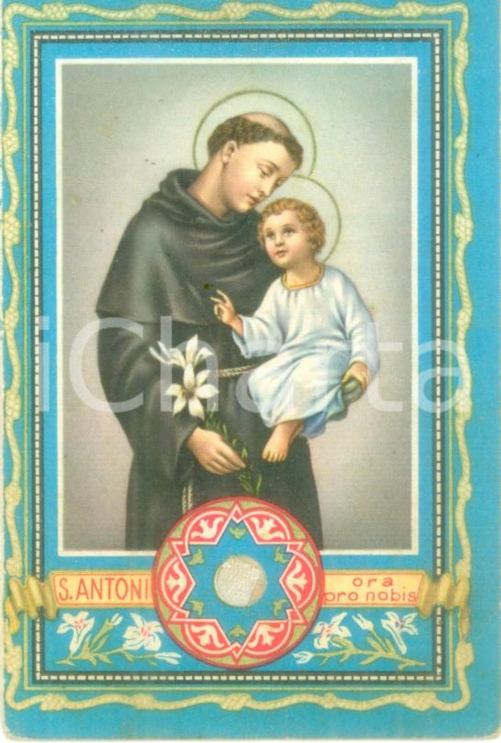 Oggetto da collezione cartaceo 1940 PADOVA Santino SANT ANTONIO con reliquia tela toccata da Sacra Lingua 1