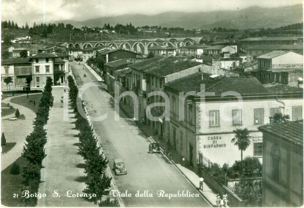 Cartolina originale da collezione 1957 BORGO SAN LORENZO FI Cassa di Risparmio Viale Repubblica Cartolina FG VG 1