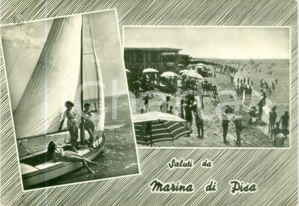 Cartolina originale da collezione 1955 ca MARINA DI PISA Vedutine spiaggia barca a vela Cartolina FG VG 1