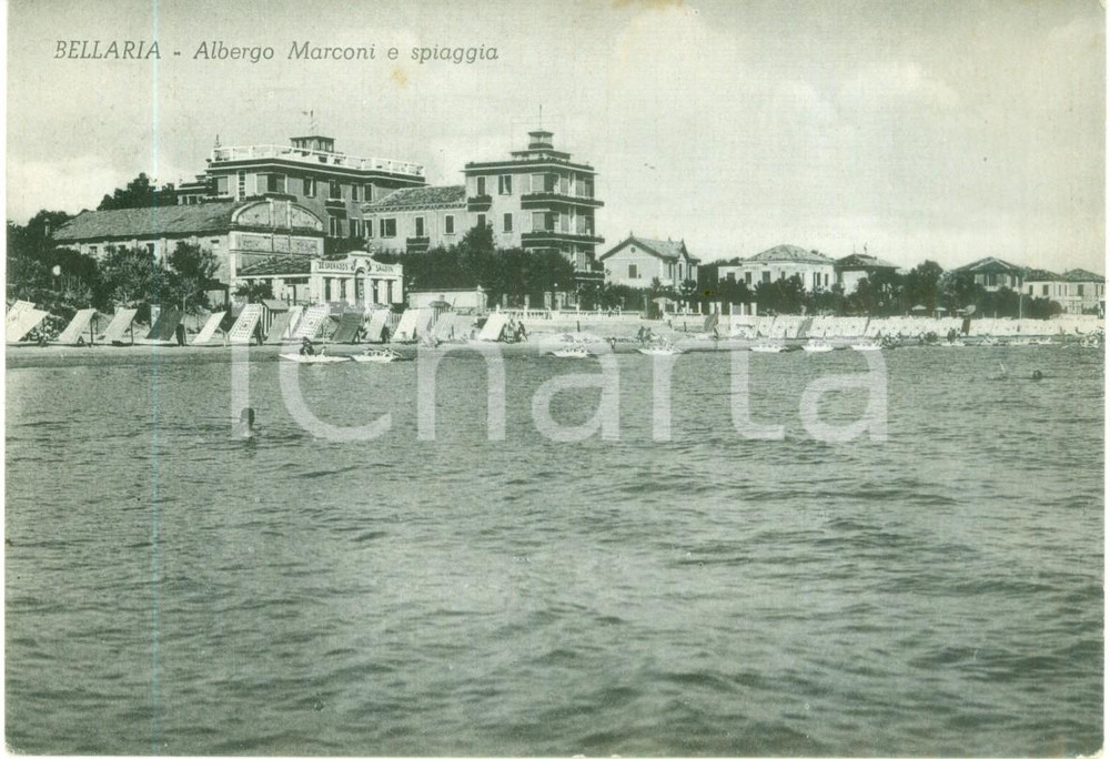 Cartolina originale da collezione 1955 BELLARIA IGEA MARINA Albergo MARCONI e spiaggia Cartolina FG VG 1