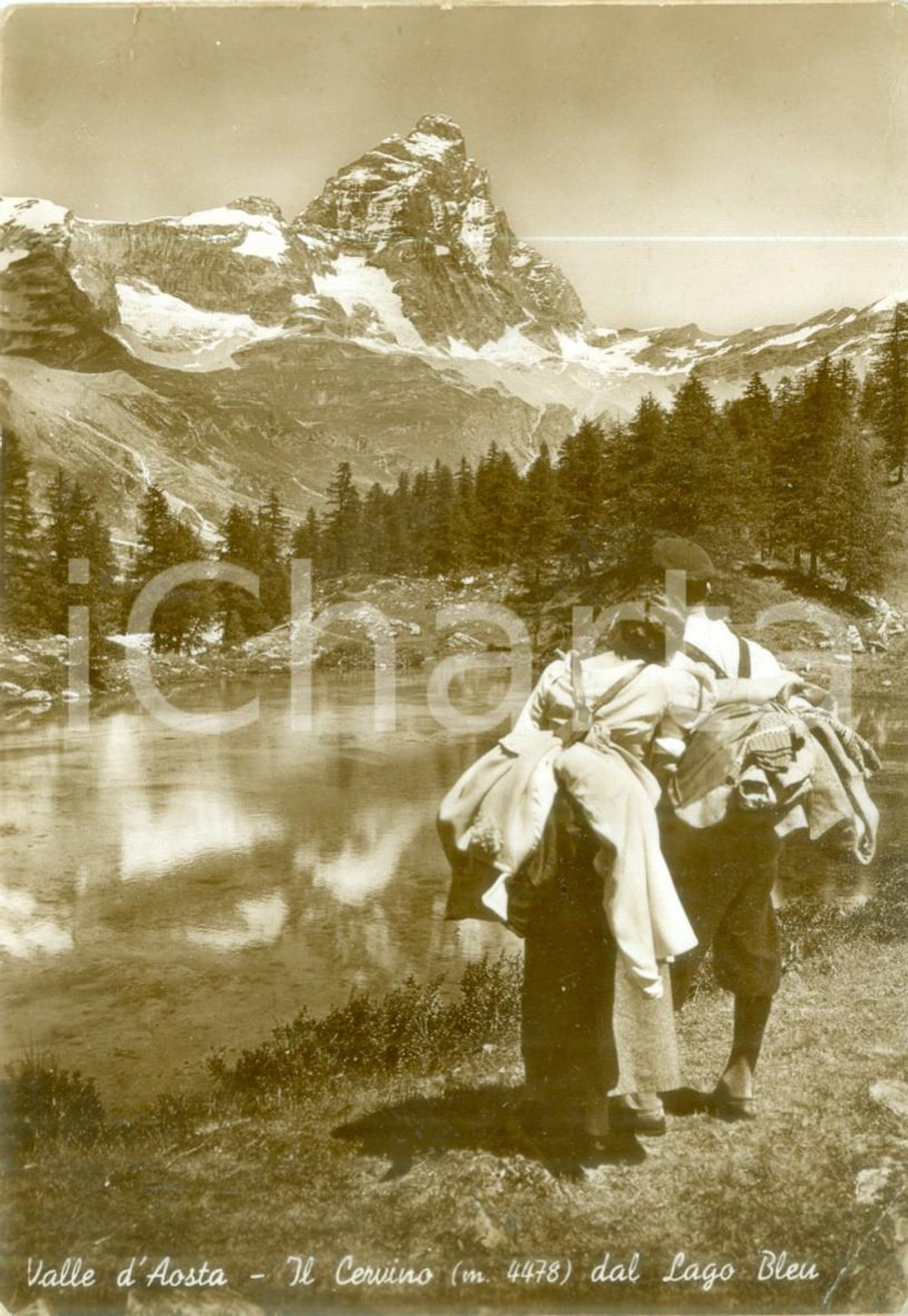 Cartolina originale da collezione 1935 ca VALLE D AOSTA Escursionisti al CERVINO dal Lago BLEU Cartolina FG NV 1
