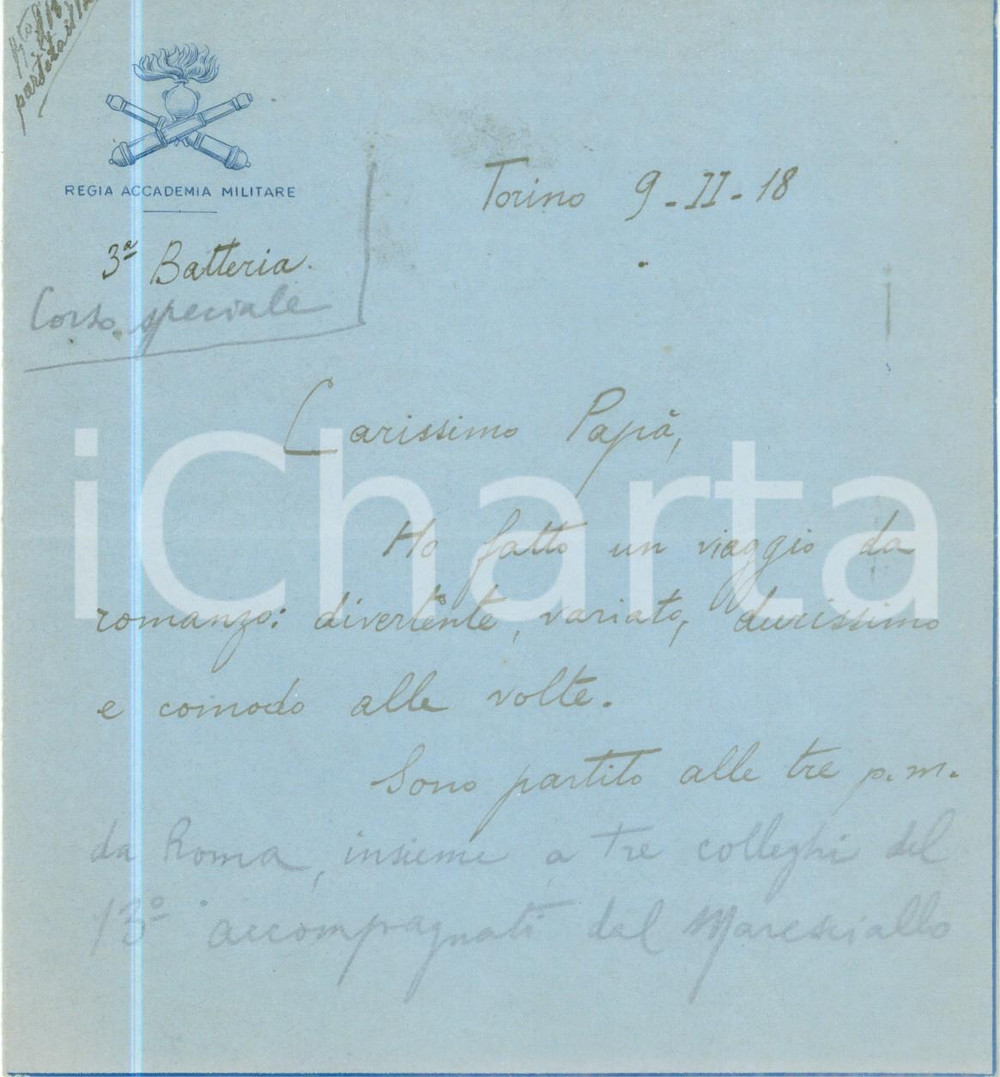 Documento originale, autentico 1918 TORINO REGIA ACCADEMIA MILITARE Racconto di un viaggio da romanzo Lettera 1