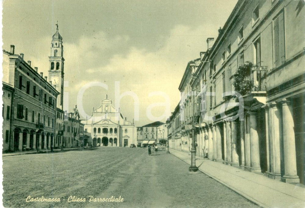 Cartolina originale da collezione 1957 CASTELMASSA RO Il viale e la chiesa parrocchiale Cartolina FG VG 1