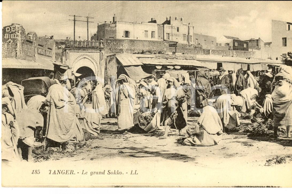 Cartolina originale da collezione 1910 ca TANGERI MAROCCO Il grande suk Cartolina ANIMATA VINTAGE 1