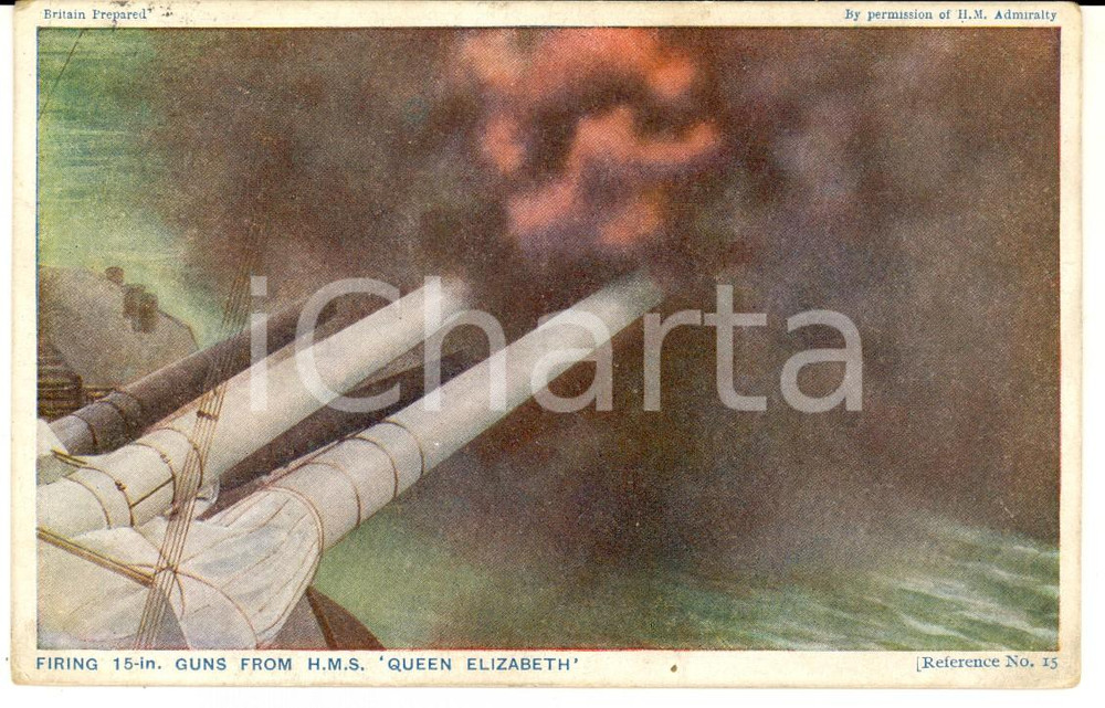 Cartolina originale da collezione 1910 ca BRITISH ARMY Firing 15in. guns from H.M.S. QUEEN ELIZABETH Postcard 1