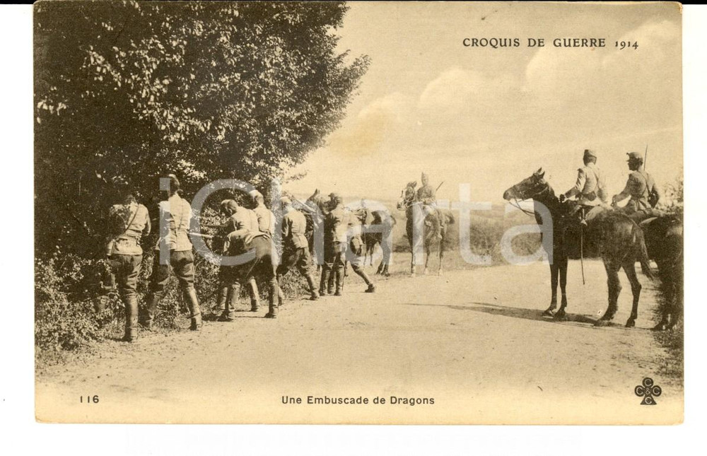 Cartolina originale da collezione 1914 WW1 FRANCE Croquis de guerre  Embuscade de dragons Carte postale 1
