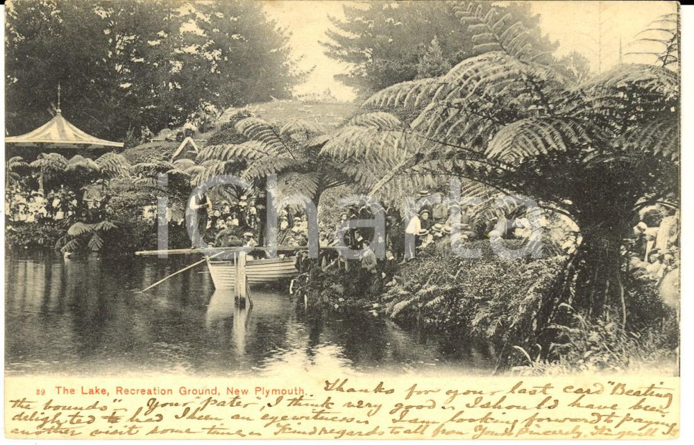 Cartolina originale da collezione 1905 NEW PLYMOUTH NEW ZEALAND The Lake, Recreation Ground Postcard ANIMATED 1