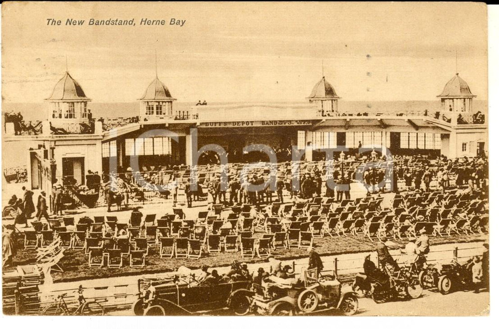 Cartolina originale da collezione 1909 HERNE BAY UK The BANDSTAND VINTAGE postcard ANIMATED 1