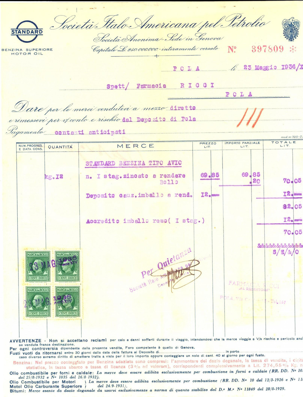Documento originale, autentico 1936 POLA ISTRIA SocietÃ  ItaloAmericana pel Petrolio Fattura benzina avio 1