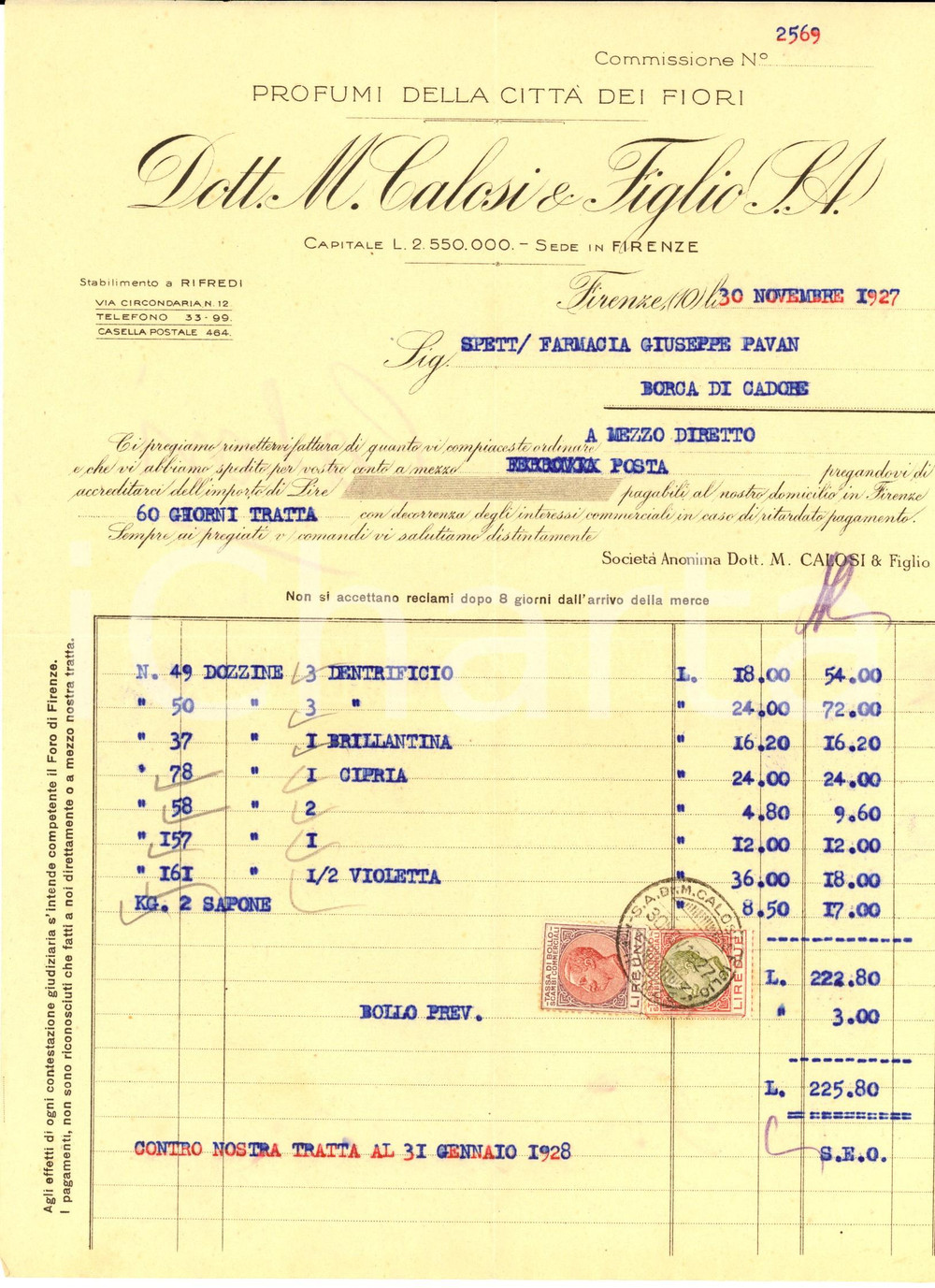 Documento originale, autentico 1927 FIRENZE Dott. M. CALOSI & Figlio  Profumi della città dei fiori Fattura 1
