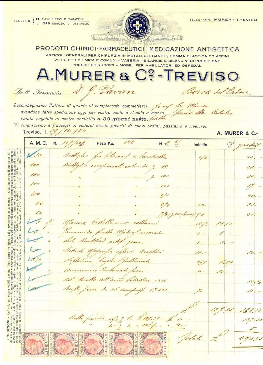 Documento originale, autentico 1924 TREVISO Prodotti chimici e farmaceutici MURER & C. Fattura intestata 1