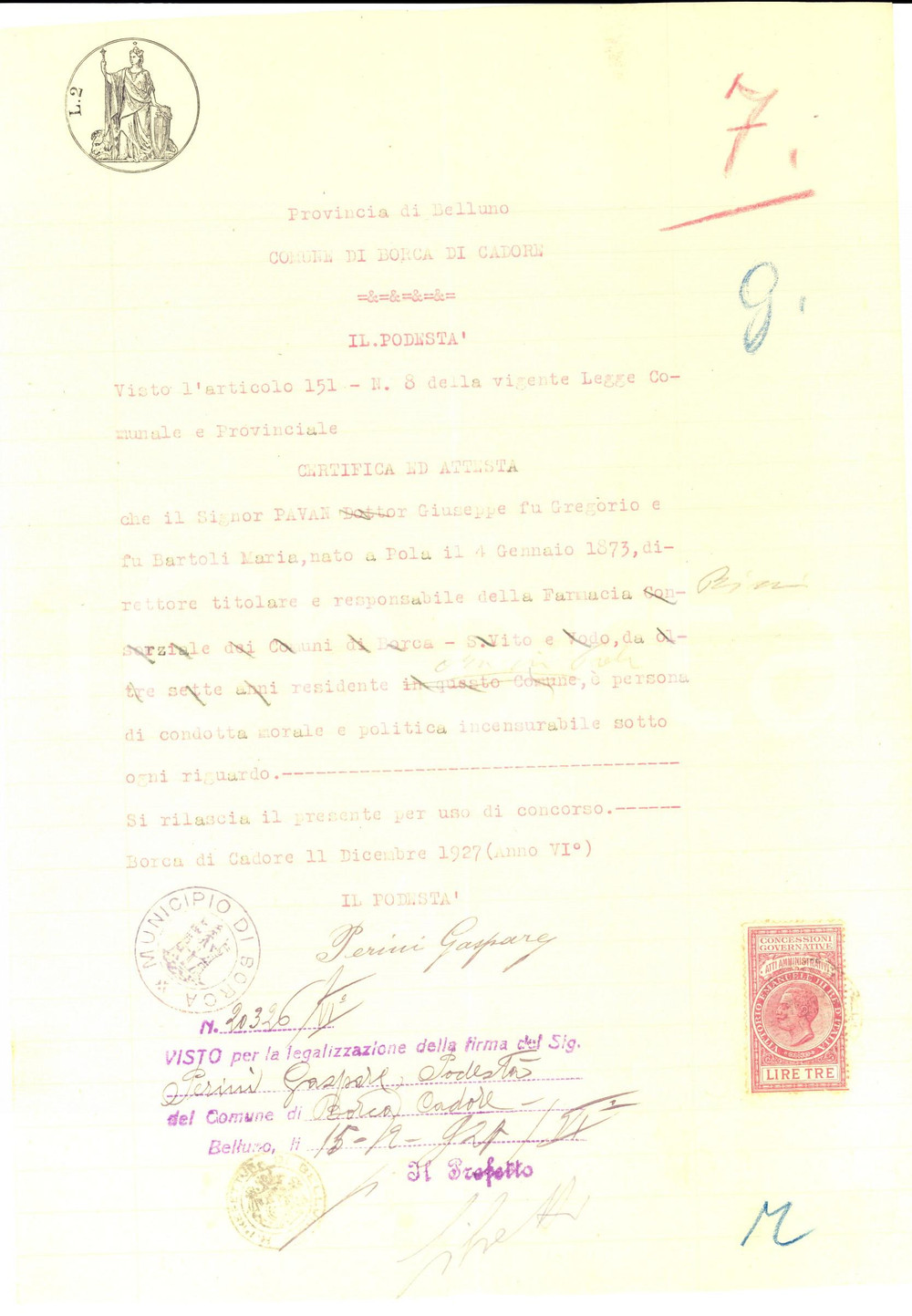 Documento originale, autentico 1927 BORCA DI CADORE BL Certificato buona condotta Giuseppe PAVAN farmacista 1
