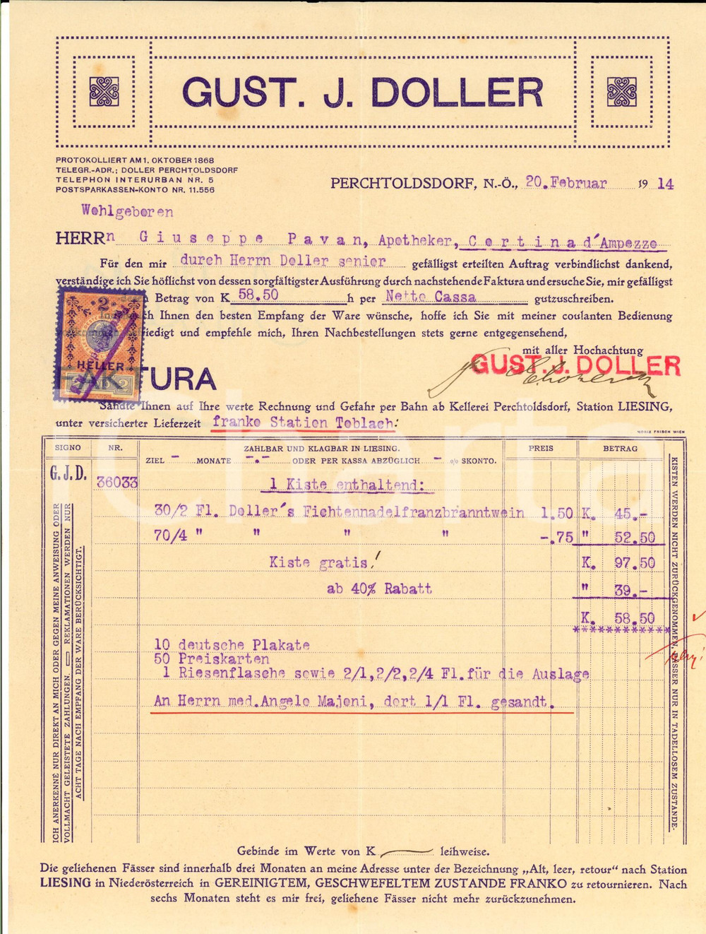 Documento originale, autentico 1914 PERCHTOLDSDORF AUSTRIA Ditta GUST. J. DOLLER Fattura intestata 1