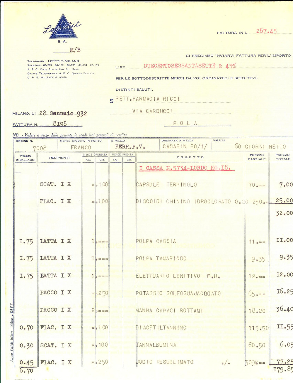 Documento originale, autentico 1932 MILANO Ditta LEPETIT Prodotti chimici e farmaceutici Fattura intestata 1