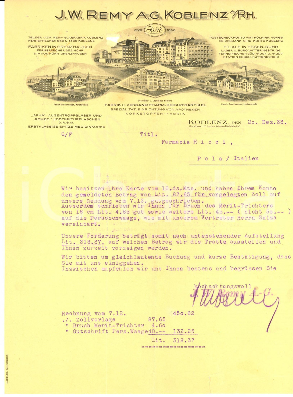 Documento originale, autentico 1933 KOBLENZ Ditta J. W. REMY Farmaceutica Lettera commerciale 1
