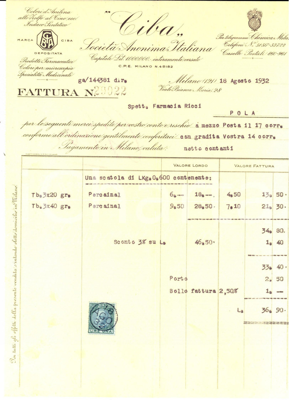 Documento originale, autentico 1932 MILANO Viale Bainca Maria 28 Società Anonima CIBA Colori di anilina Fattura 1