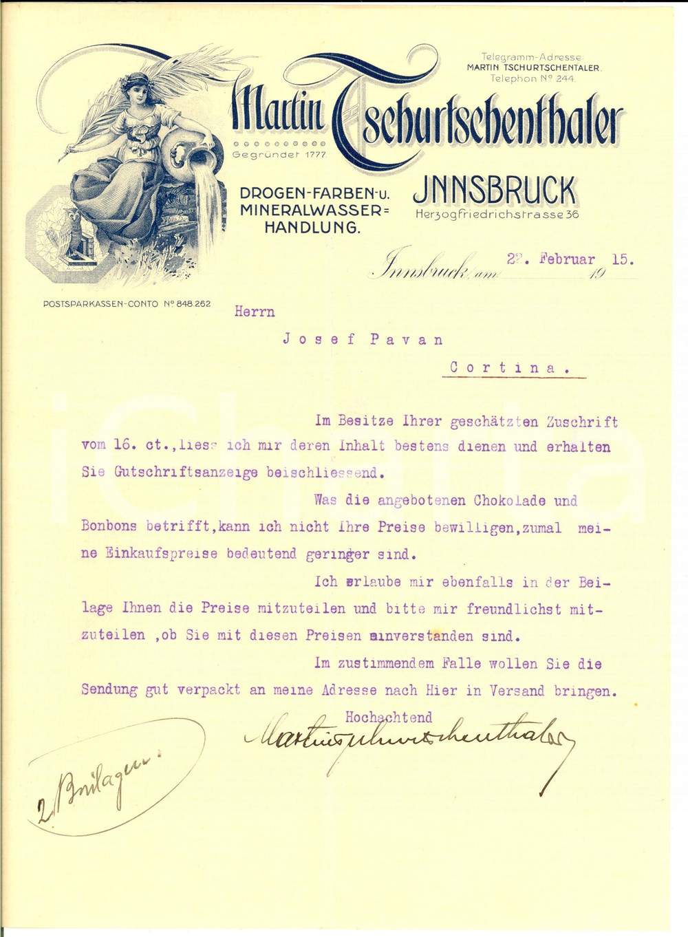 Documento originale, autentico 1915 INNSBRUCK AUSTRIA Martin TSCHURTSCHENTHALER Farmaceutica Lettera 1