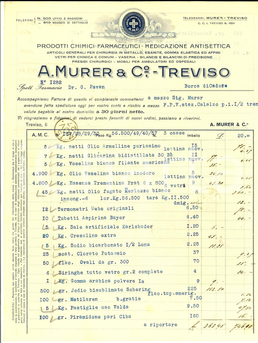 Documento originale, autentico 1927 TREVISO Prodotti chimici e farmaceutici MURER & C. Fattura intestata 1