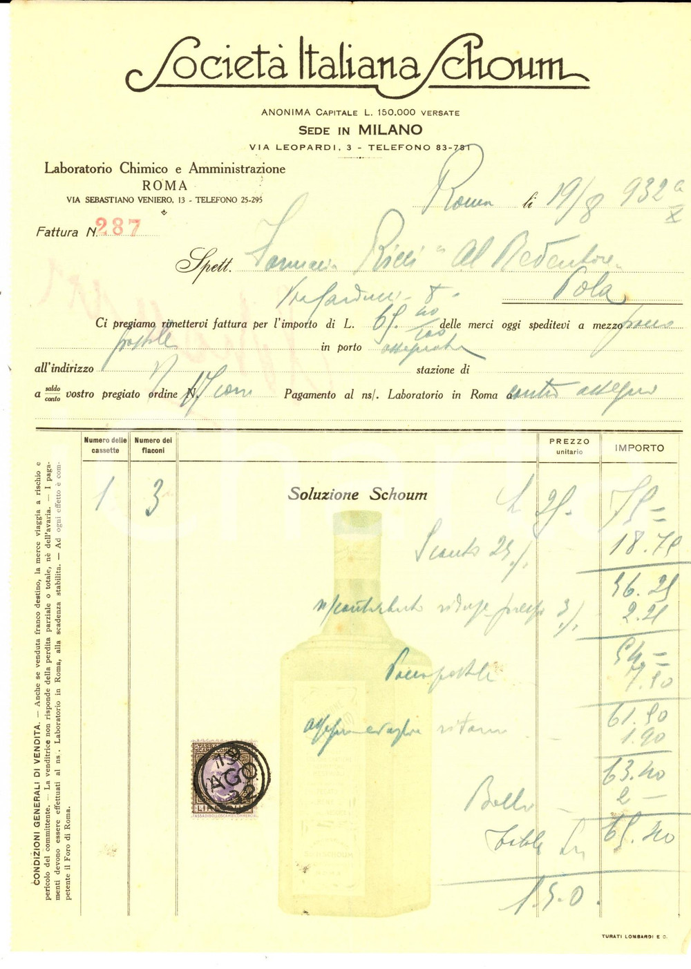 Documento originale, autentico 1932 ROMA SocietÃ  Italiana SCHOUM Fattura intestata SOLUZIONE SCHOUM 1