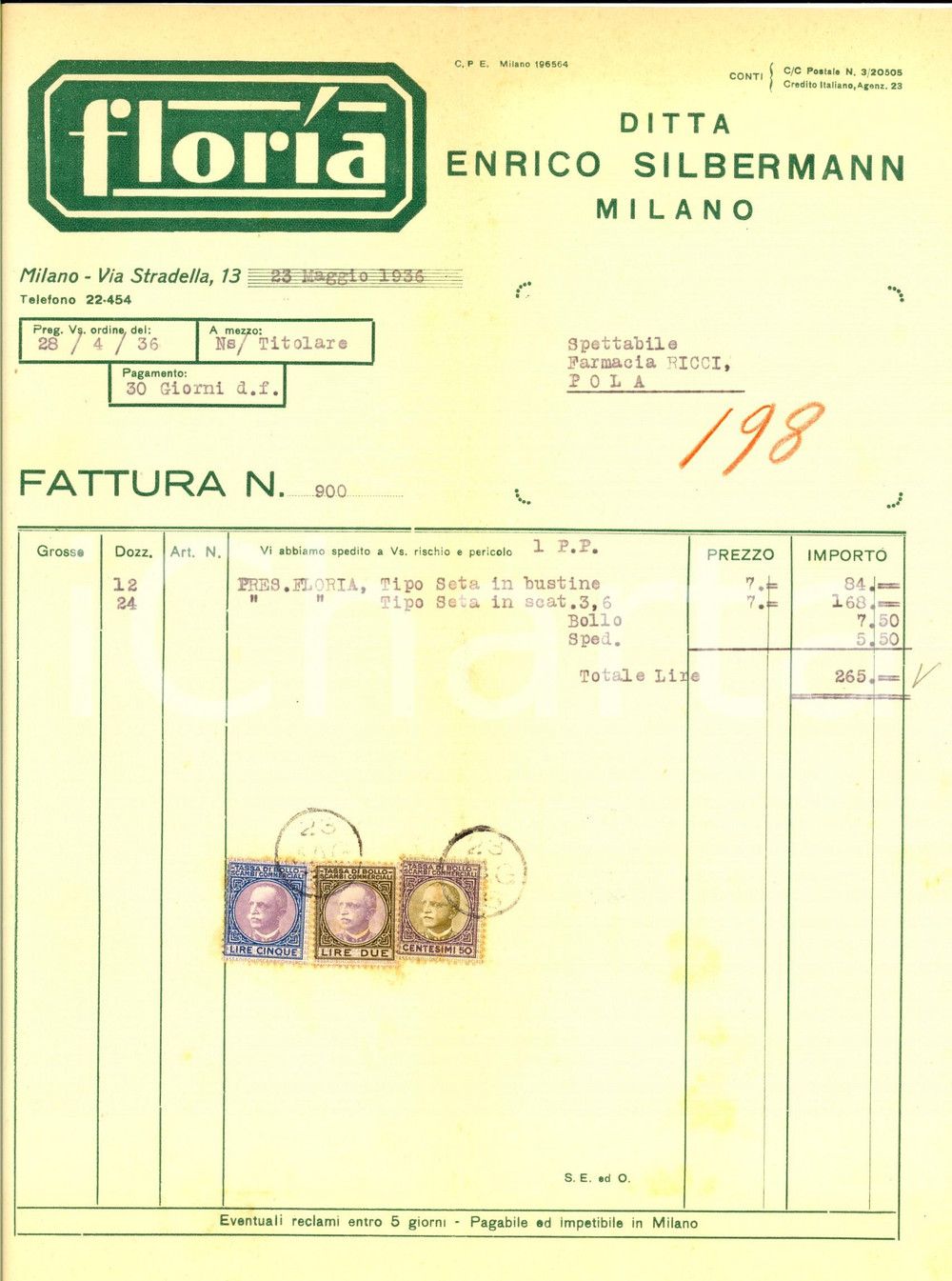 Documento originale, autentico 1936 MILANO Ditta Enrico SILBERMANN  FLORIA Fattura con bolli 1