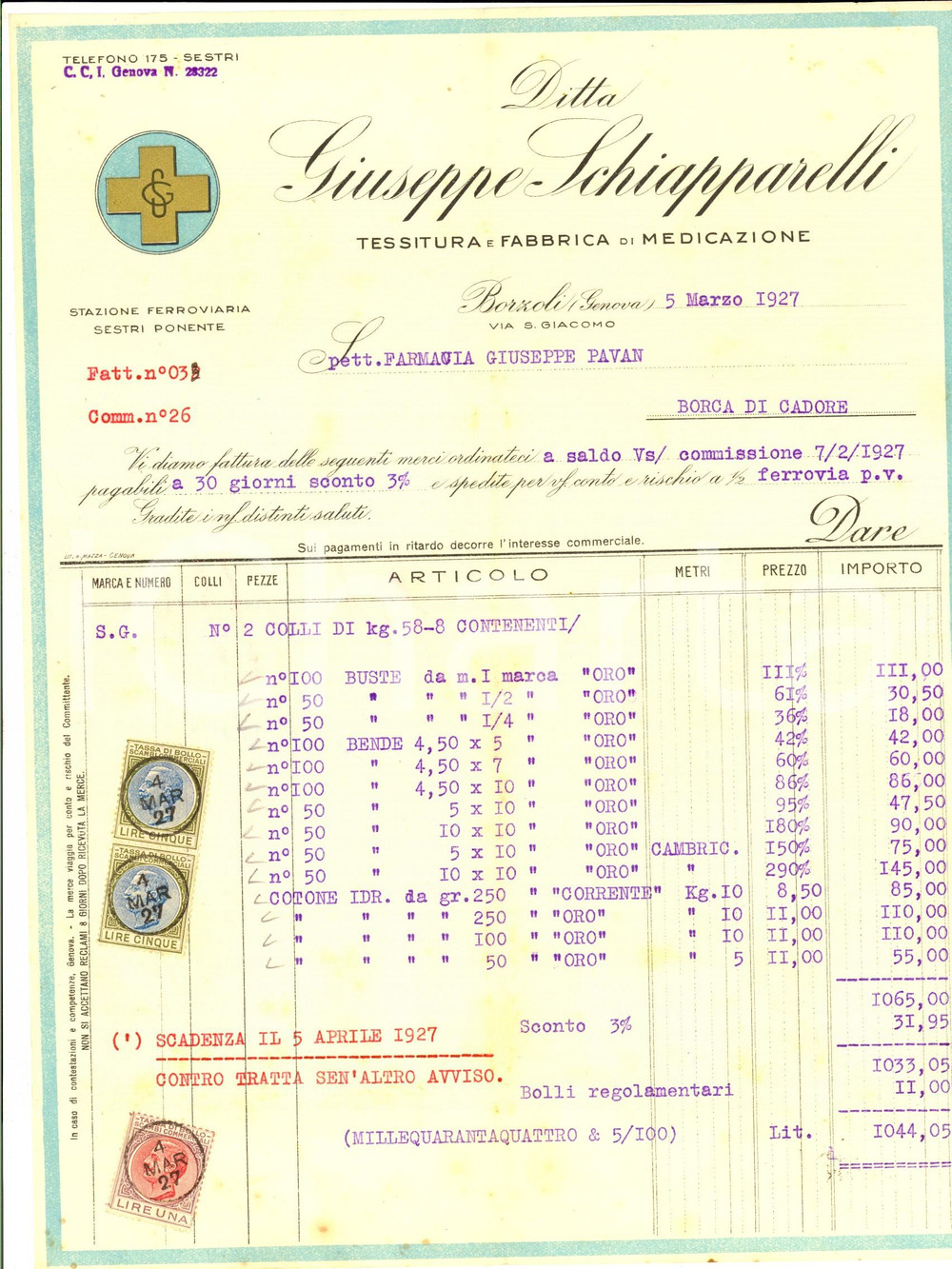Documento originale, autentico 1927 GENOVA BORZOLI Ditta Giuseppe SCHIAPPARELLI Fabbrica medicazione Fattura 1